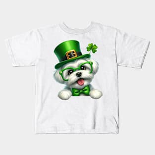 St Patricks Day Peeking Maltese Dog Kids T-Shirt